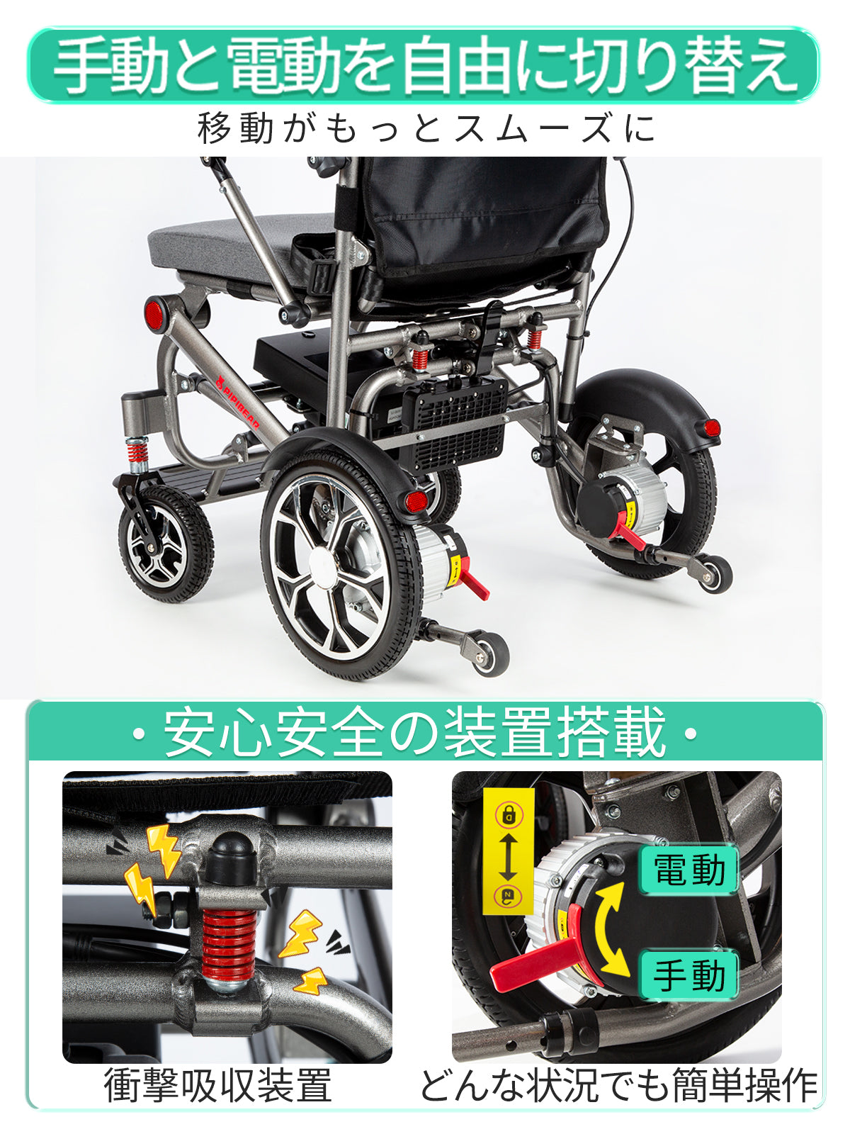 PIPIBEAR 電動車椅子 電動車いす 折りたたみ 軽量 コンパクト 車いす 航続15-18KM 軽量電動車椅子 キャリー 伸縮ハンドル付き 電磁自動ブレーキ フラッドライト付き 組み立て不要 障害者 高齢者 妊婦向け 日本語の説明書付き（PP-603L）